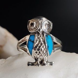 Sterling Silver 925 Ring Turquoise Stone Owl Jewelry Bird Designer Jewelry